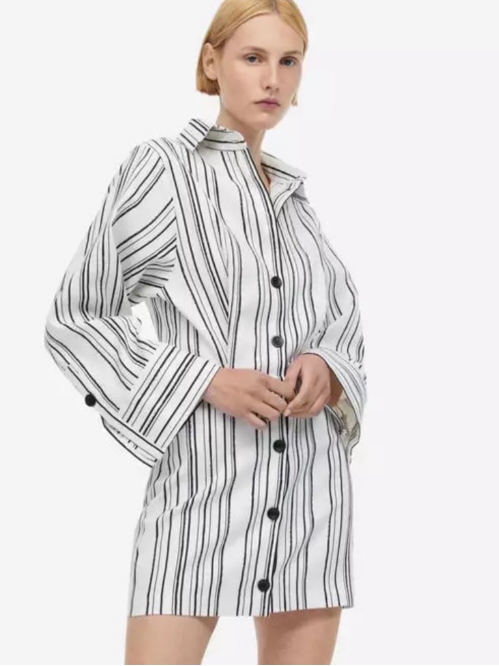 H&M | Striped Wide Sleeve Linen Blend Mini Shirt Dress